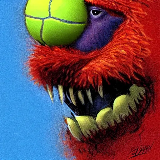 Prompt: a tennis ball monster falcon, digital art, fantasy, magic, chalk, trending on artstation, ultra detailed, professional illustration by basil gogos