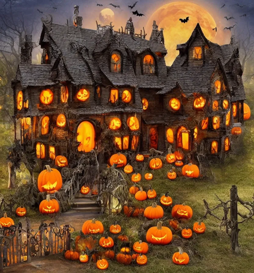 Image similar to a halloween house with pumpkins and jack - o - lantern decorations, a digital rendering by anne stokes, pinterest contest winner, gothic art, grotesque, diorama, made of cardboard