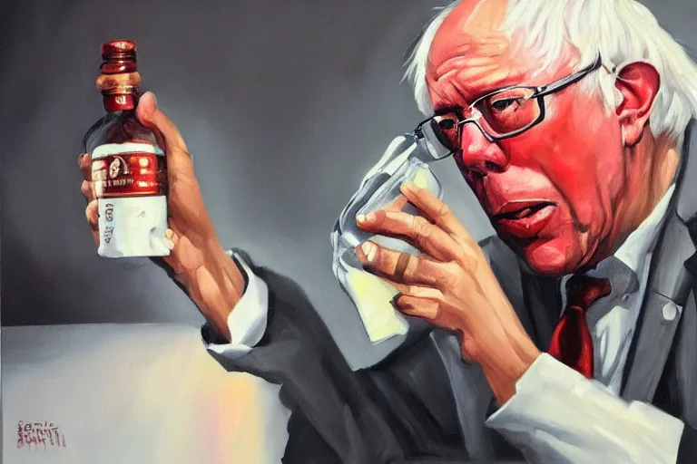 Image similar to Bernie Sanders as gang member, drinking cough syrup, oil on canvas, artstation, portrait, masterpiece, aesthetic