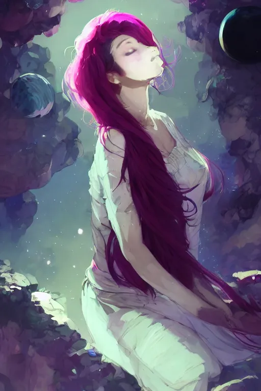 Prompt: A beautiful woman with medium magenta hair covering her face basking in the moonlight on an obsidian crystal bed below planets, tall tree, cinematic lighting, dramatic atmosphere, by Dustin Nguyen, Akihiko Yoshida, Greg Tocchini, Greg Rutkowski, Cliff Chiang, 4k resolution, trending on artstation