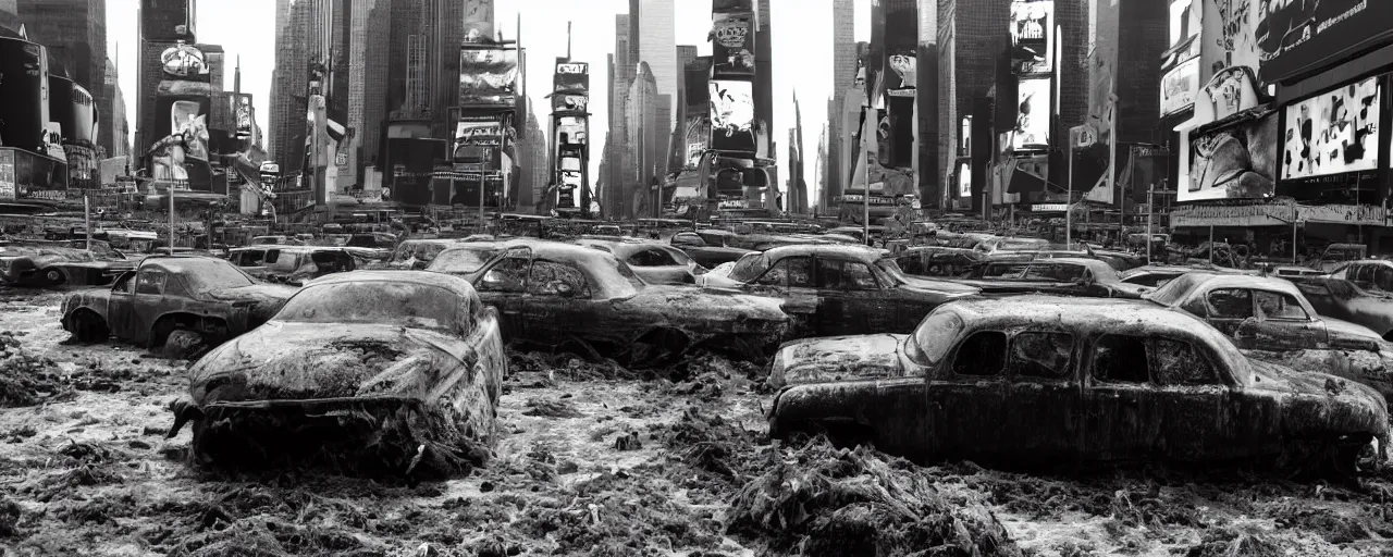 Image similar to times square after the oceans rise. The whole city is deep under water. Seaweed growing here or there, schools of fish glitter in the gloom. Rusted cars make a home for coral. Panoramic view