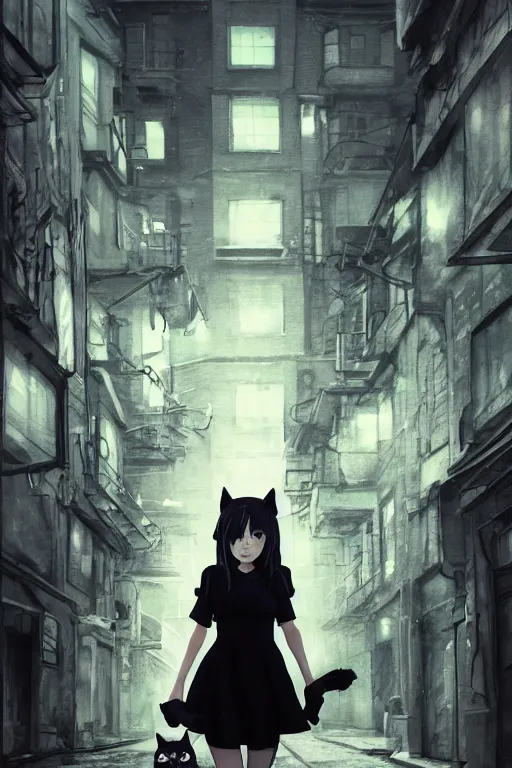 Prompt: a woman with cat ears in a black dress and thigh highs walking in a dark soviet city, digital illustration, beautiful face, volumetric, by makoto shinkai, by yoshitaka amano, by greg rutkowski, by dan mumford, highly detailed, composition, 4 k, forward facing pose, detailed street, photorealism, octane render