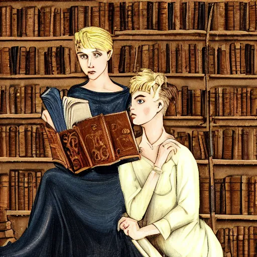 Prompt: short - haired heroic stoic handsome blonde butch tomboy woman engineer standing beside dark fae feathered gothic jennifer connelly sitting together in an old library, in love, highly detailed, trending on art station, oil painting