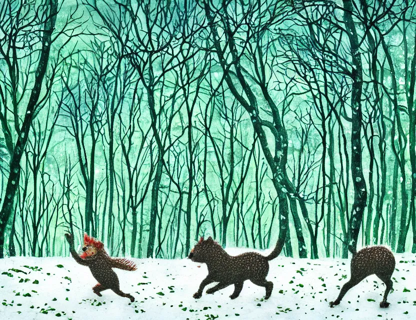 Image similar to lush green chia pet animal frolicking in snowy woods, stormy skies. russian fairytale art, gouache, dynamic composition, backlighting