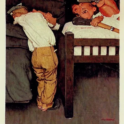 Prompt: A kid hitting pots to wake up his brother , art by Norman Rockwell