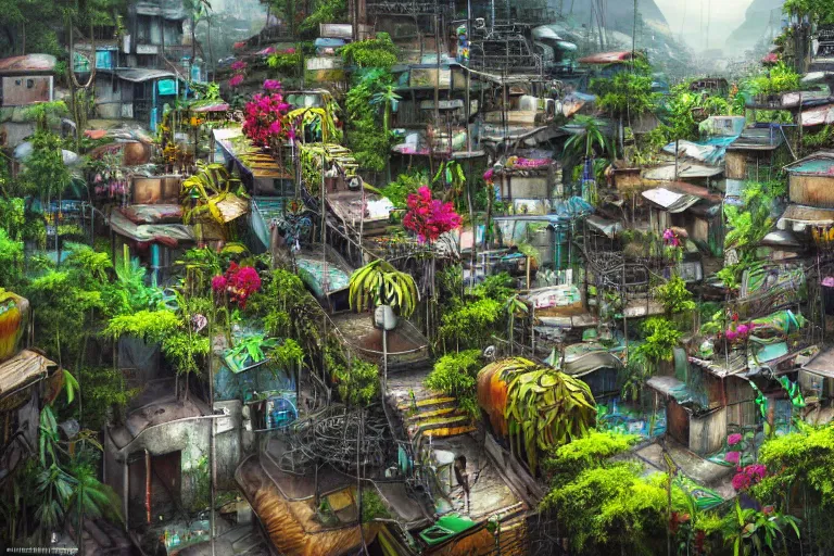 Image similar to favela winding cybernetic thrill ride, lush floral jungle environment, blooms, industrial factory, somber, apocalyptic, award winning art, epic dreamlike fantasy landscape, ultra realistic,