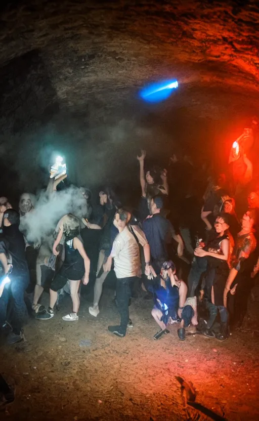 Prompt: a argentic photography dark party with smoke and laser system in paris catacombs, les catacombes, people dancing, dark, uv, techno, bones, party, photography canon, ecstasy, illegal, alcohol,