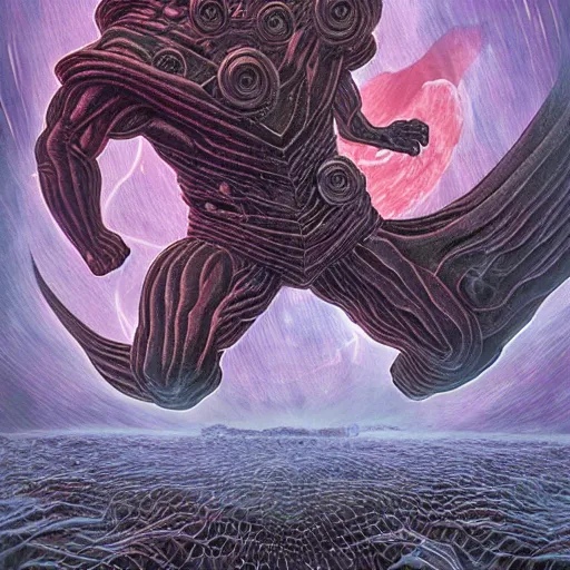 Image similar to Thor and the unspeakable eldritch horror in the plane of darkness and blackholes, 8k 4k in the style of Wayne Barlowe