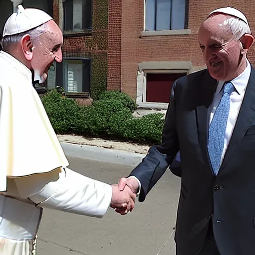 Prompt: the pope and a member of the crips street gang happily shaking hands in a chicago neighborhood, 8 k, very detailed, very intricate,