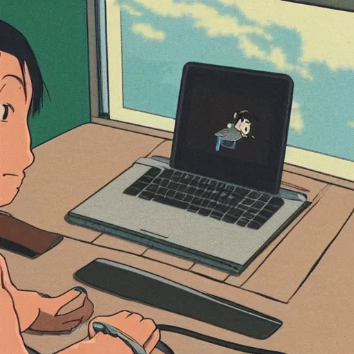 Prompt: guy with medium length black hair using a laptop, tan skin, looking down, art by hayao miyazaki, studio ghibli film, twitter pfp