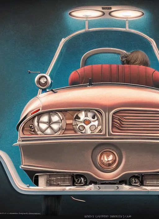 Image similar to highly detailed closeup portrait of a 1 9 6 0 s retro flying car, unreal engine, nicoletta ceccoli, mark ryden, earl norem, lostfish, global illumination, detailed and intricate environment