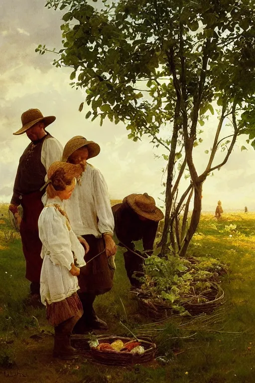 Image similar to simple amish farmers tending to their cottage vegetable gardens, art by anders zorn, wonderful masterpiece by greg rutkowski, beautiful cinematic light, american romanticism thomas lawrence, greg rutkowski