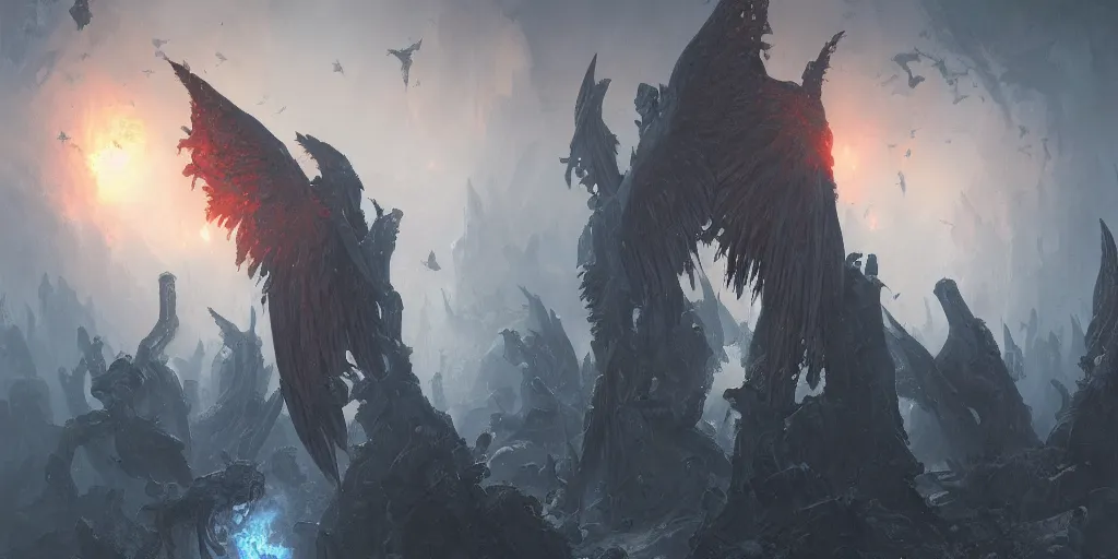 Prompt: a graveyard of fallen angels in hell, Fantasy painting, Greg Rutkowski