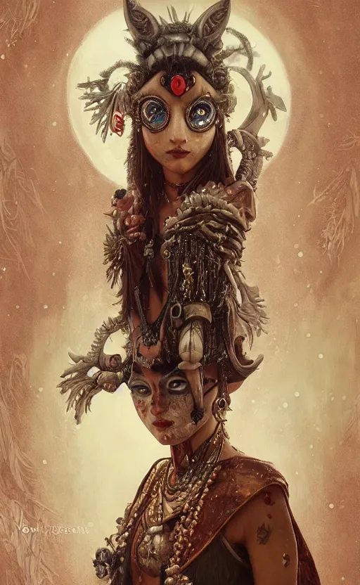 Image similar to hyper realistic Princess Mononoke, ornate mask magic, wet market street, cyberpunk metropolis, city landscape, jewels, full body pose, full moon, style of tom bagshaw, mucha, james gurney, norman rockwell, denoised, sharp