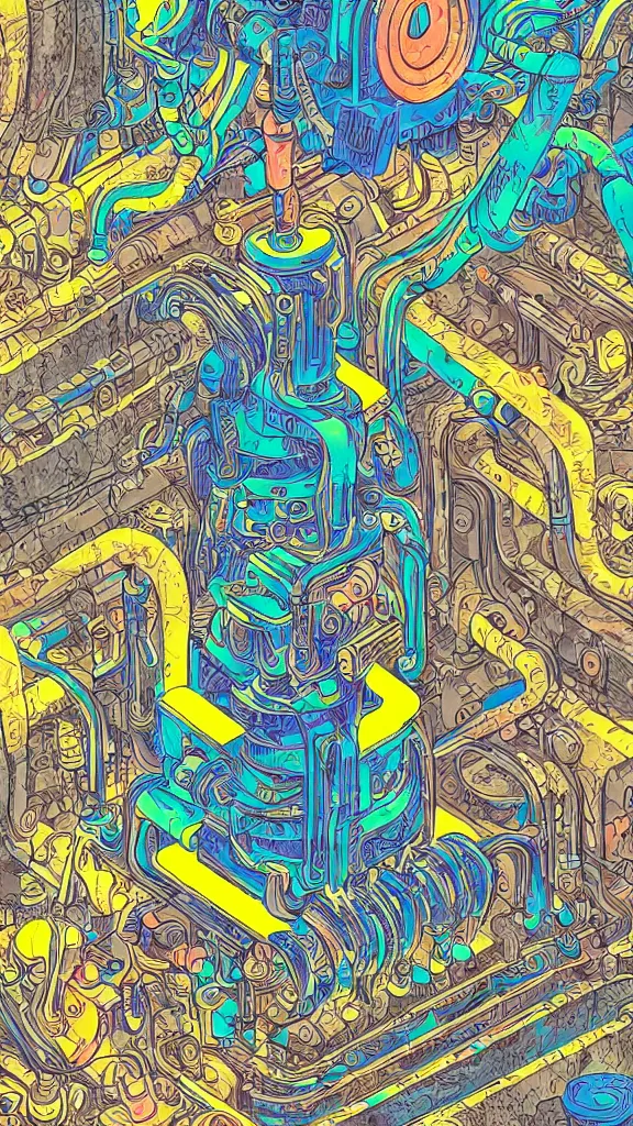 Image similar to macro photography of the giant psychedelic magical machine embedded within the mountain, sedimentary rock and marble, industrial machinery, pistons and valves, super conducters, reactor circuits. Isometric geology illustration in the style of Luis García Mozos
