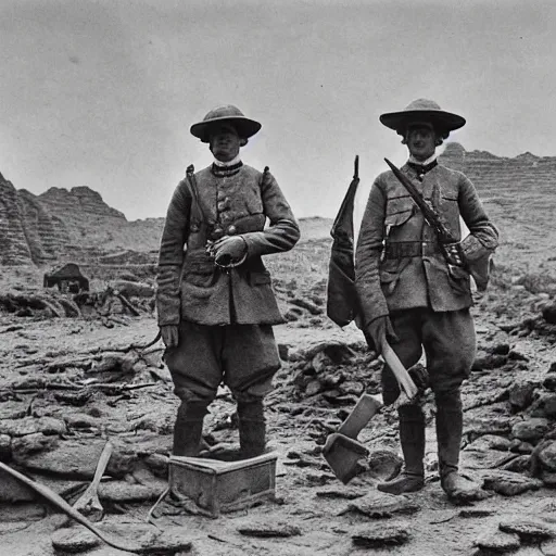 Prompt: ultra detailed photorealistic sepia - toned photograph from 1 9 1 7, three british soldiers standing at an archaeological dig site in wadi rum, ultra realistic, painted, intricate details, lovecraft, atmospheric, dark, horror, brooding, highly detailed, by clyde caldwell