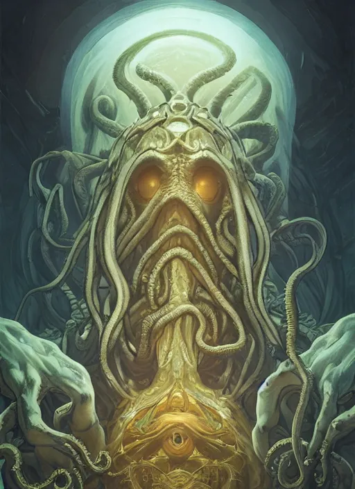 Prompt: Portrait of Cthulhu, white glowing eyes, fantasy, extremely detailed, digital painting, artstation, concept art, smooth, sharp focus, illustration, stunning lighting, art by artgerm and greg rutkowski and alphonse mucha and simon stalenhag, realistic character concept, high fantasy, dark atmosphere, golden ratio, cinematic lighting, hyperdetailed, high resolution, insanely detailed and intricate, artstation, Marc Simonetti, Greg Rutkowski, 8k