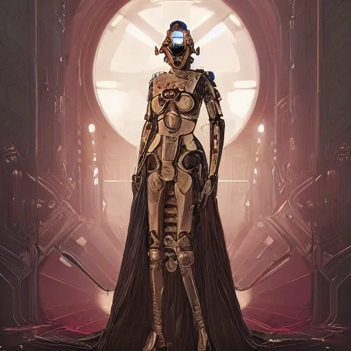 Prompt: a cyborg empress with mask, art nouveau ivory accessories, star wars, cyberpunk, darksynth, luxury, concept art by jama jurabaev, extremely detailed, ominous, ethereal, artstation, andree wallin, edvige faini, balaskas, alphonse mucha, symmetry