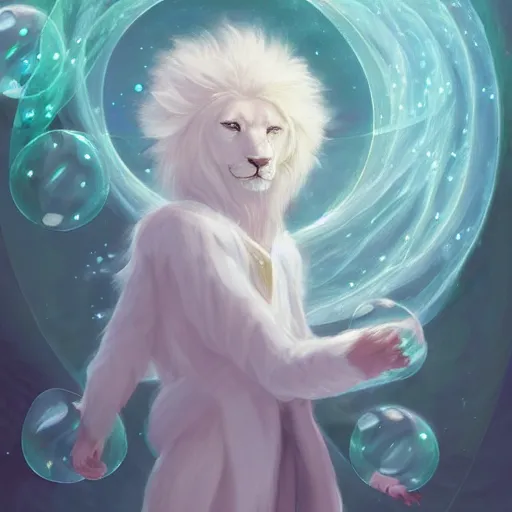 Prompt: aesthetic portrait commission of a albino male furry anthro lion entering a heavenly coherently shaped void made out of bubbles while wearing a cute mint colored cozy soft pastel wizard outfit, winter Atmosphere. Character design by charlie bowater, ross tran, artgerm, and makoto shinkai, detailed, inked, western comic book art, 2021 award winning painting