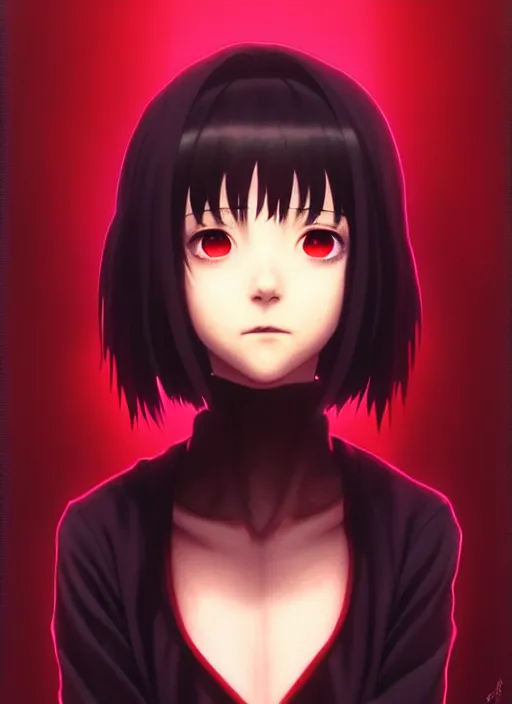 Image similar to a beautiful portrait painting with a dark red background of lain from serial experiments : lain. character design by shinji aramaki, charlie bowater, ross tran, artgerm, and makoto shinkai