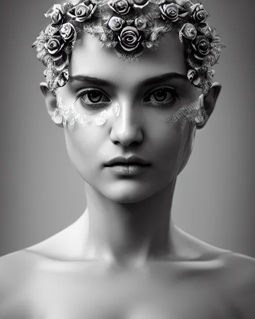 Image similar to mythical dreamy black and white profile face portrait of translucent beautiful female angelic - human - queen - vegetal - cyborg, highly detailed, intricate crystal ivy jelly ornate, poetic, translucent roses ornate, 3 d render, digital art, octane render, 8 k artistic photography, photo - realistic, by dora maar