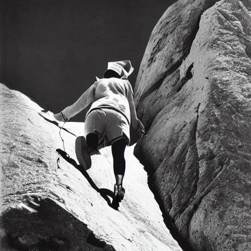 Prompt: nurse climbing mountain by Ansel Adams