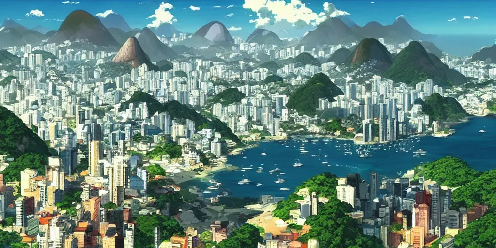 Image similar to rio de janeiro in an anime film, directed by makoto shinkai, cinematic, key visual, highly detailed, sharp focus