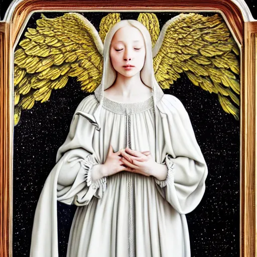 Image similar to highdetailed hyperrealistic painting of white angel!!! no gender smiling noface!!!, light instead of hands, white sparkles everywhere, 4 k hd face!!!, big silver high detailed wings!!!, renaissance, by jan van eyck, holography space, glow effect, large strokes, monochrome!!!!!