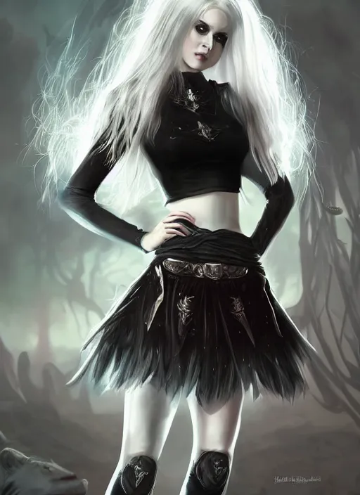 Image similar to kerli koiv in the art style of arcane. gothic mini skirt and crop top, fine art, matte painting, digital art, concept art, artgerm,, rule of 3 rds,