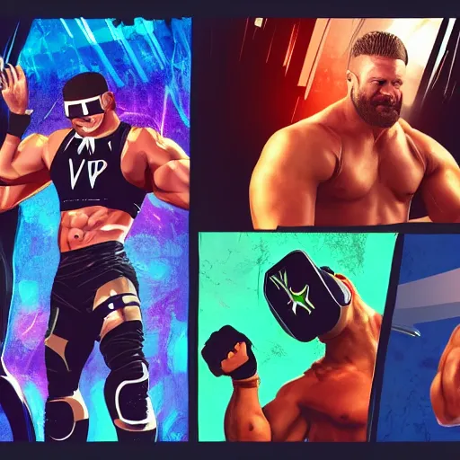 Image similar to wwe wrestler characters shrugging with their arms wearing vr goggles, gta cover, apex legends trending on artstation, digital illustration