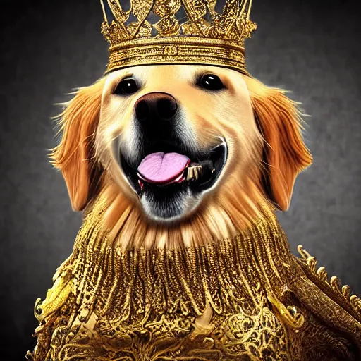 Image similar to Photomanipulation of golden retriver is dressed as a king, ultrarealism, photorealism, detailed, crown and gown