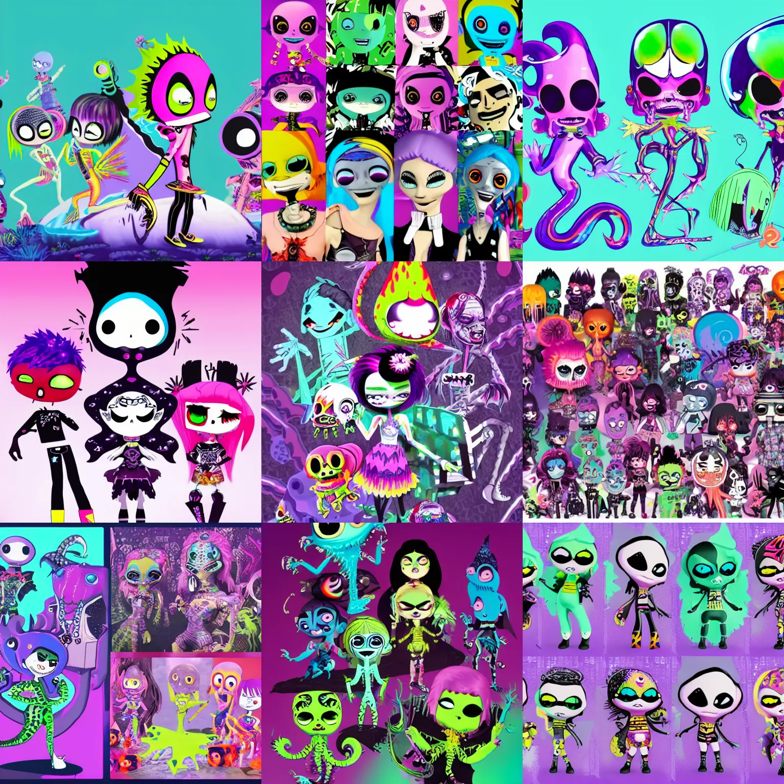 Prompt: CGI lisa frank gothic punk vampiric rockstar underwater vampiric anthropomorphic squid character designs of various shapes and sizes by genndy tartakovsky and ruby gloom by martin hsu and the creators of fret nice and Jamie Hewlett from gorillaz and tim shafer from doublefine for a splatoon video game by nintendo