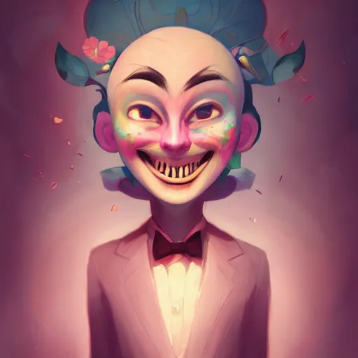 Image similar to a portrait of a cinematic still of the happy mask salesman, art by lois van baarle and loish and ross tran and rossdraws and sam yang and samdoesarts and artgerm and saruei and disney, digital art, highly detailed, intricate, sharp focus, trending on artstation hq, deviantart, unreal engine 5, 4 k uhd image