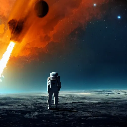 Image similar to astronaut stranded on planet, destroyed ship that is crash landing, exploding planet in background, fire, white smoke, impending fear, 4 k, dystopian, lonely, isolated space station in space, sci - fi, crash landing, asteroids.