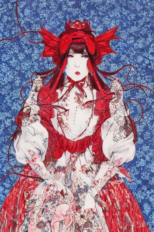 Prompt: watercolor painting of an avant - garde japanese cat queen in a victorian lolita fashion red dress in the style of lovecraftian horror painted by yoshitaka amano, takato yamamoto, ayami kojima, dmt art, symmetrical vogue face portrait, intricate detail, artstation, cgsociety, artgerm, rococo