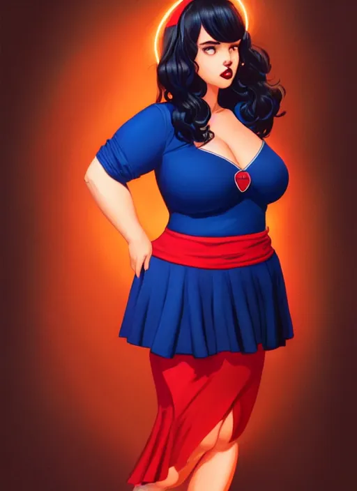 Image similar to full body portrait of teenage veronica lodge, obese, bangs, sultry, realistic, sultry smirk, wavy hair, red skirt, fat, belly, intricate, elegant, glowing lights, highly detailed, digital painting, artstation, concept art, smooth, sharp focus, illustration, art by wlop, mars ravelo and greg rutkowski