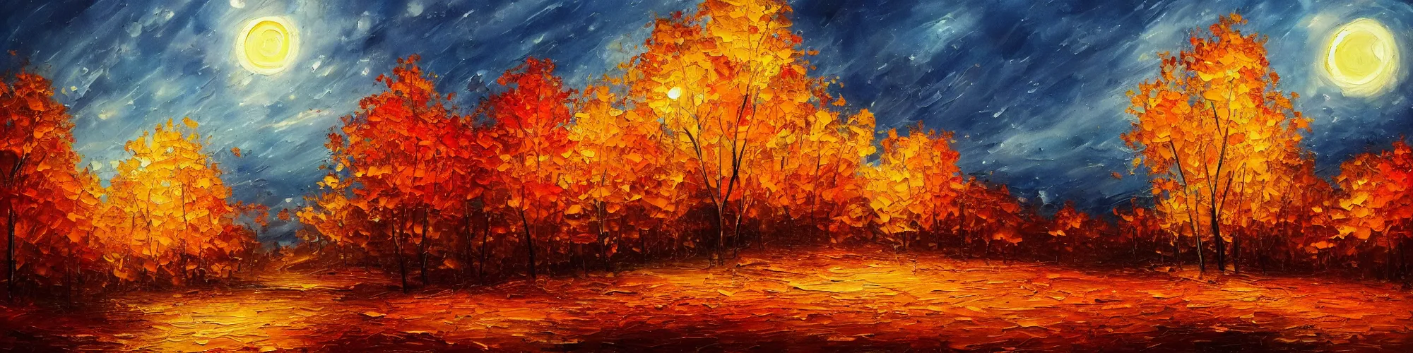 Image similar to painting of autumn landscape during night, award winning painting, beautiful, breathtaking, stunning scenery, trending on artstation, masterpiece