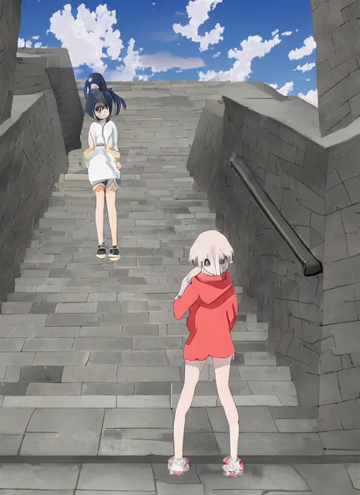 Prompt: anime scene, a girl climbing a stone stairway with desperation, full body perspective, Madhouse Animations