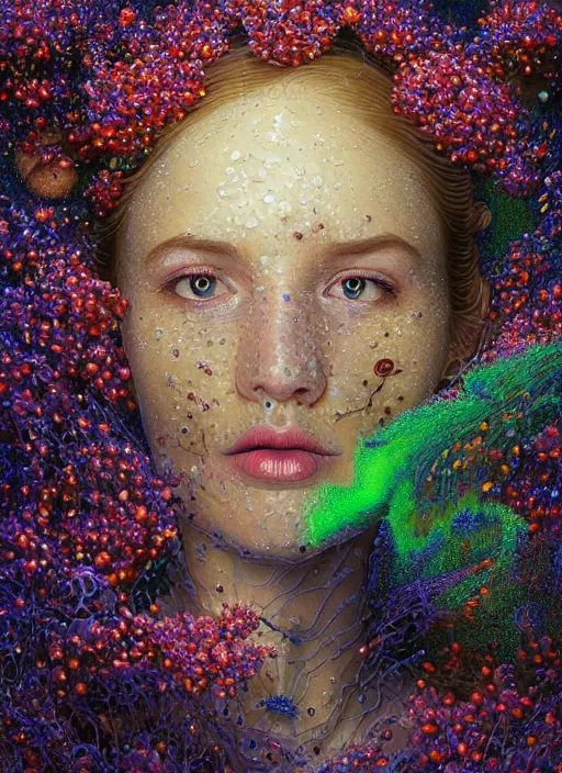 Image similar to hyper detailed 3d render like a Oil painting - Aurora (Singer) Eats of the Strangling Fruit of penance open eyes and Her Hands full of gossamer polyp blossoms bring iridescent fungal flowers whose spores black the foolish stars by Jacek Yerka, Mariusz Lewandowski, Houdini algorithmic generative render, Abstract brush strokes, Masterpiece, Edward Hopper and James Gilleard, Zdzislaw Beksinski, Mark Ryden, Wolfgang Lettl, hints of Yayoi Kasuma, octane render, 8k