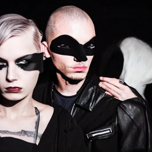 Image similar to a man and a woman performing darkwave music, clothes by rick owens, faces covered, short blond hair, high resolution fashion photography