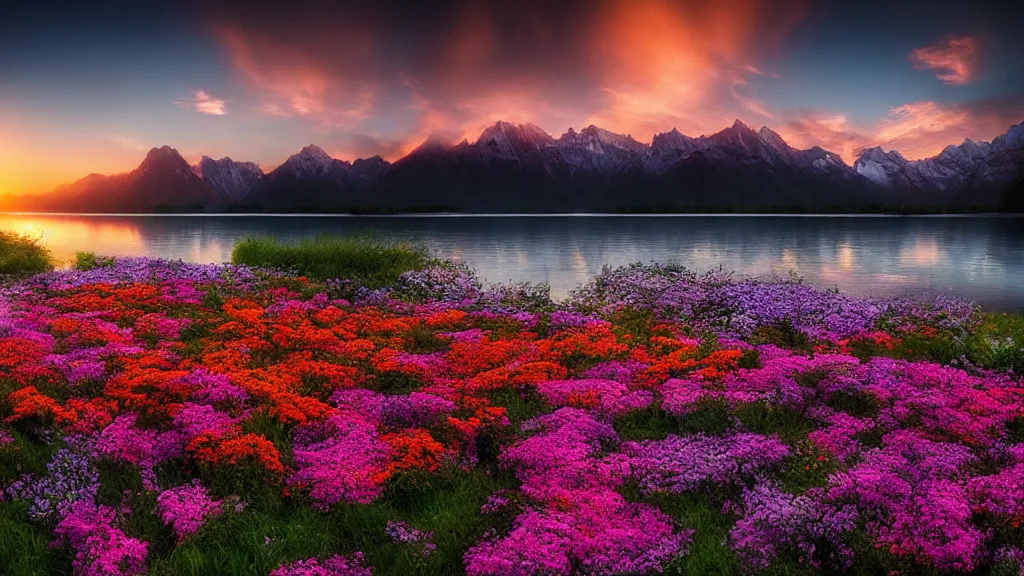 Image similar to amazing landscape photo of a flower bed with lake in sunset by marc adamus, beautiful dramatic lighting