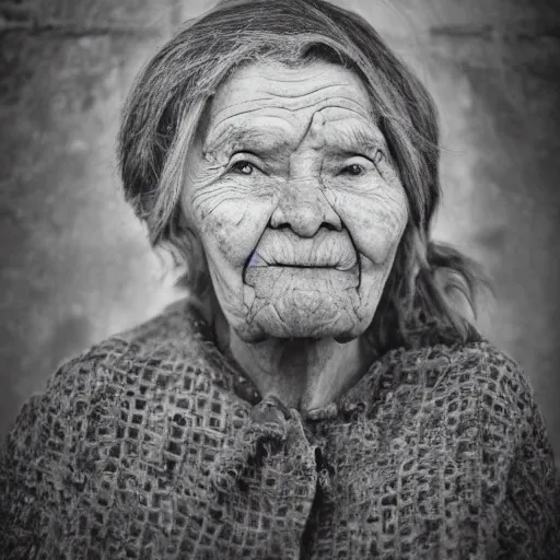 Image similar to realistic black and white old photo of a giant very old woman on destroyed city, full body, short dof, extremely cute, large head, hyper realistic, minutely detailed