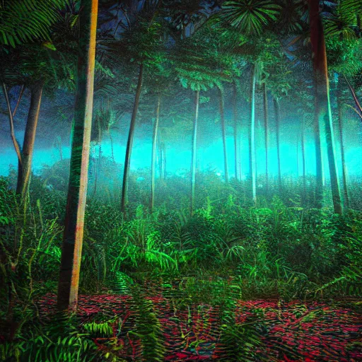 Image similar to 80s vaporwave outrun 3d Render of a forest, liminal space retro, grainy, noisy