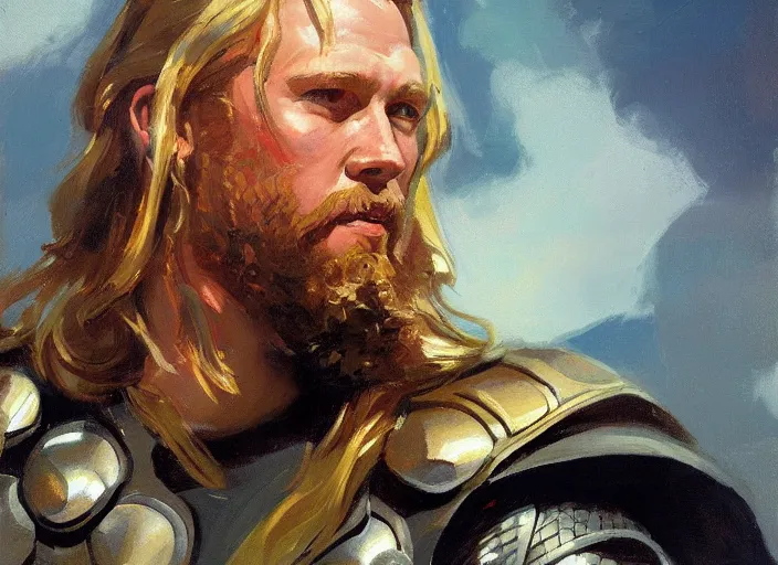 Image similar to a highly detailed beautiful portrait of thor, by gregory manchess, james gurney, james jean