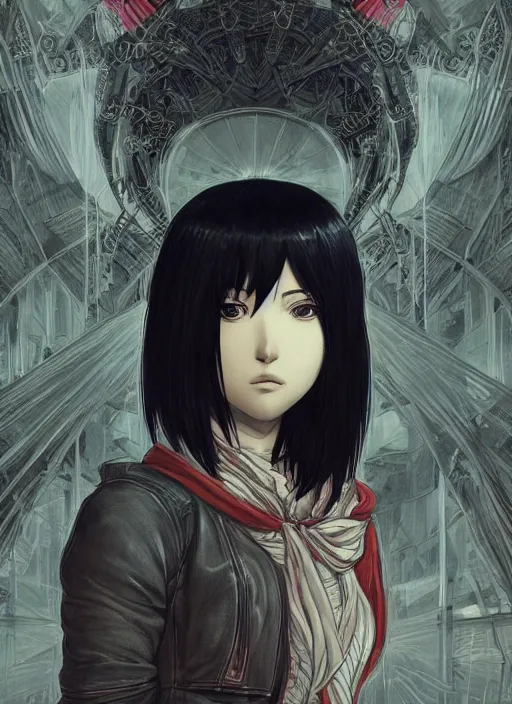 Image similar to portrait of mikasa, an ultrafine detailed illustration by james jean, intricate linework, bright colors, final fantasy, behance contest winner, vanitas, angular, altermodern, unreal engine 5 highly rendered, global illumination, radiant light, detailed and intricate environment