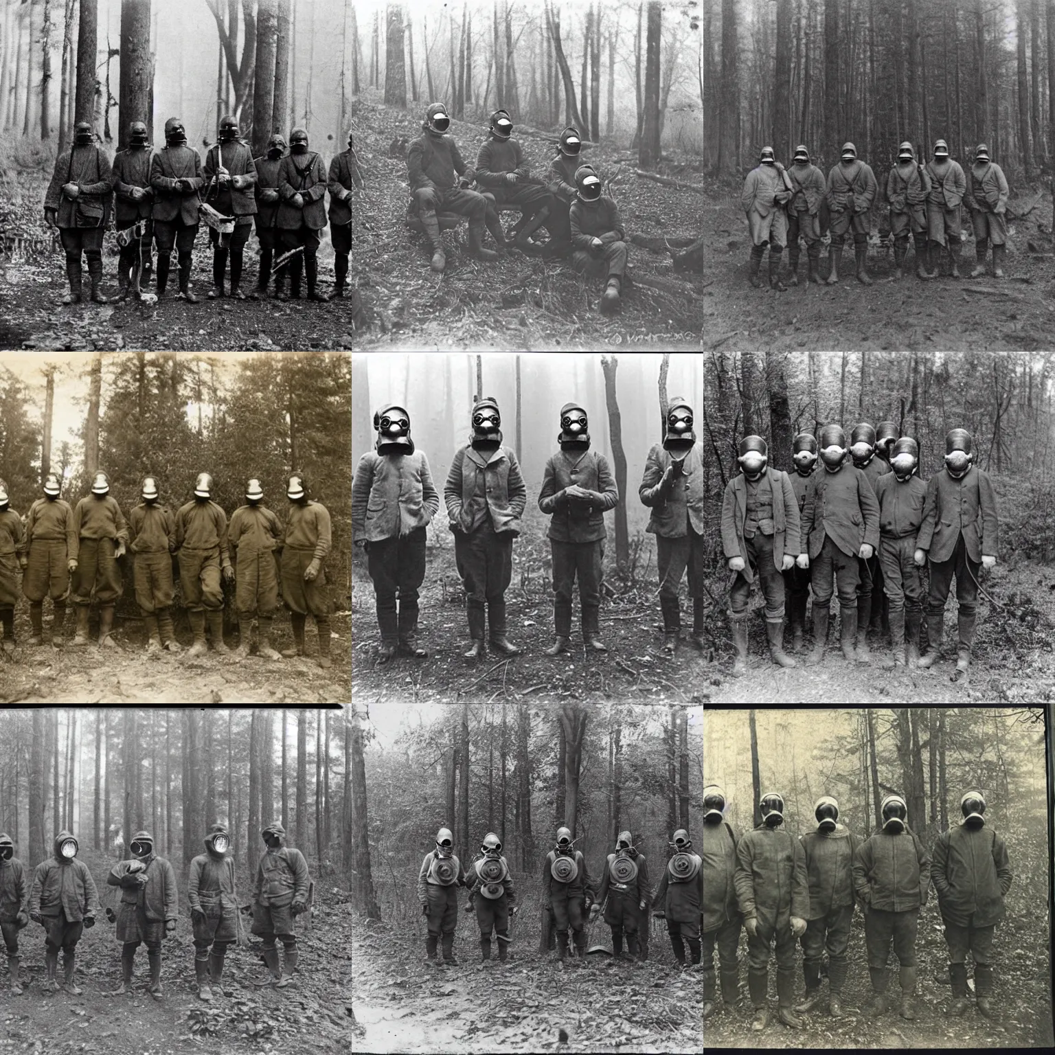 Prompt: group of men wearing gas masks in forest, 1 9 0 0's photo