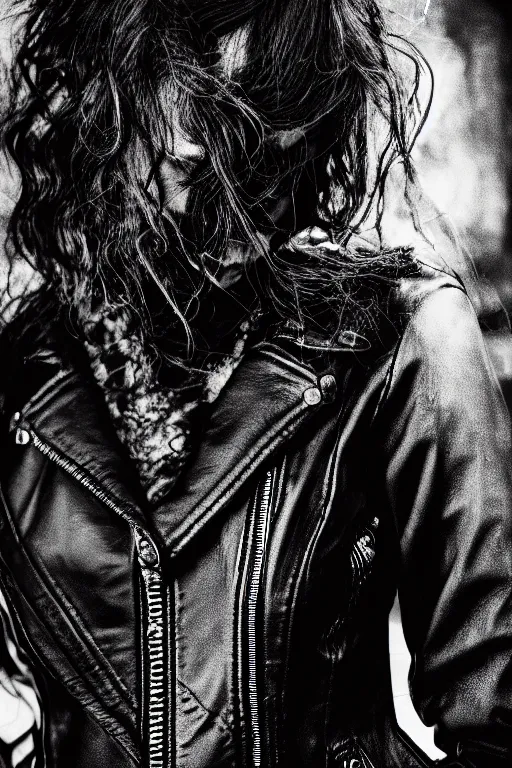 Image similar to dreamy rock girl, black leather jacket, detailed acrylic, grunge, intricate complexity, by dan mumford and by alberto giacometti, peter lindbergh, 8 k, macro photography