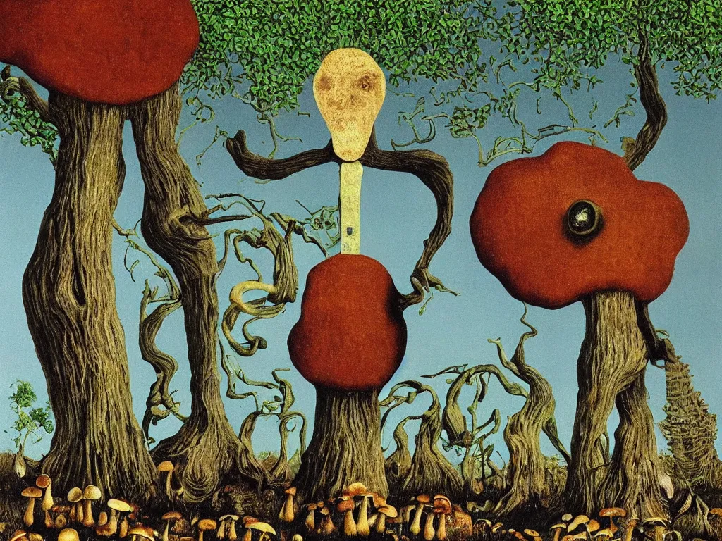 Prompt: painting of a rusty humanoid robot on forest floor leaning against a tree with mushrooms growing out of its head, by Salvador Dali, by Rene Magritte, high quality, simplicity, exquisite