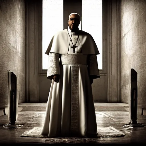 Image similar to kanye west as the pope pope in the vatican ( gears of war battlefield 5 ), splash art, movie still, cinematic lighting, dramatic, detailed face, octane render, long lens, shallow depth of field, bokeh, anamorphic lens flare, 8 k, hyper detailed, 3 5 mm film grain