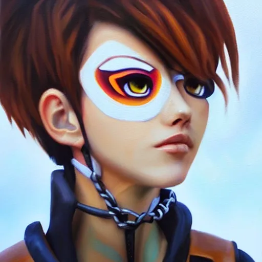 Image similar to oil painting of tracer overwatch in a field, in style of artgerm, expressive face, very detailed face, wearing large steel choker, very detailed eyes, full body, feminine face, detailed makeup on eyes,